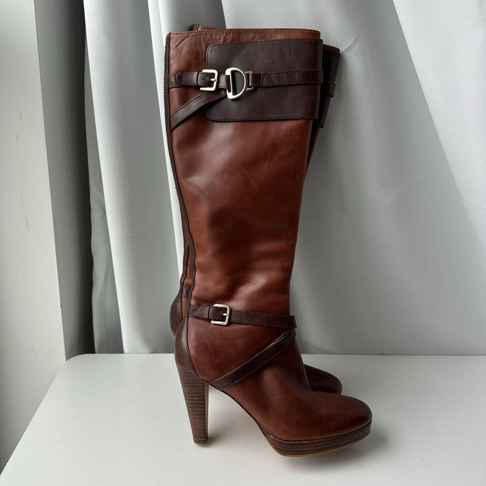 Cole Haan Poppy Bit Nike Air (6.5) Brown Leather Knee-High Heeled Riding Boots
